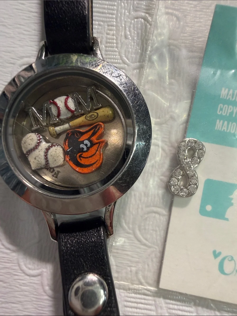Origami Owl Black Leather Wrap Charm Watch with Baseball-Themed Locket